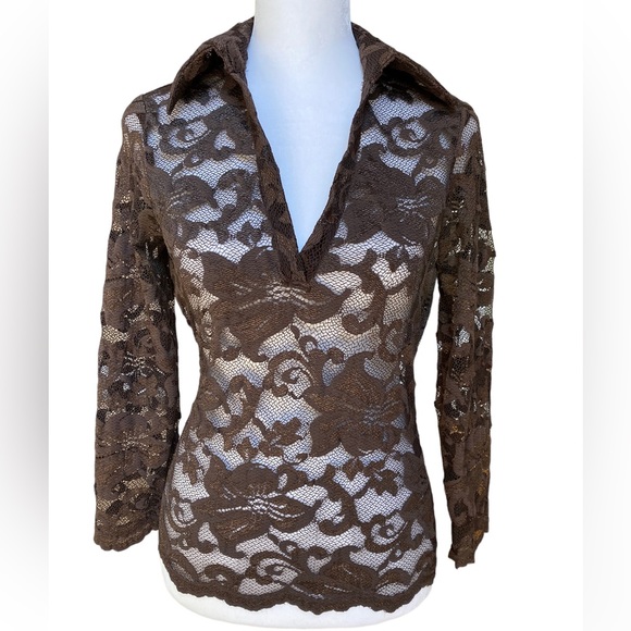 Cache Tops - NWOT Women’s Cache Brown Long Sleeve Lace Top size Small